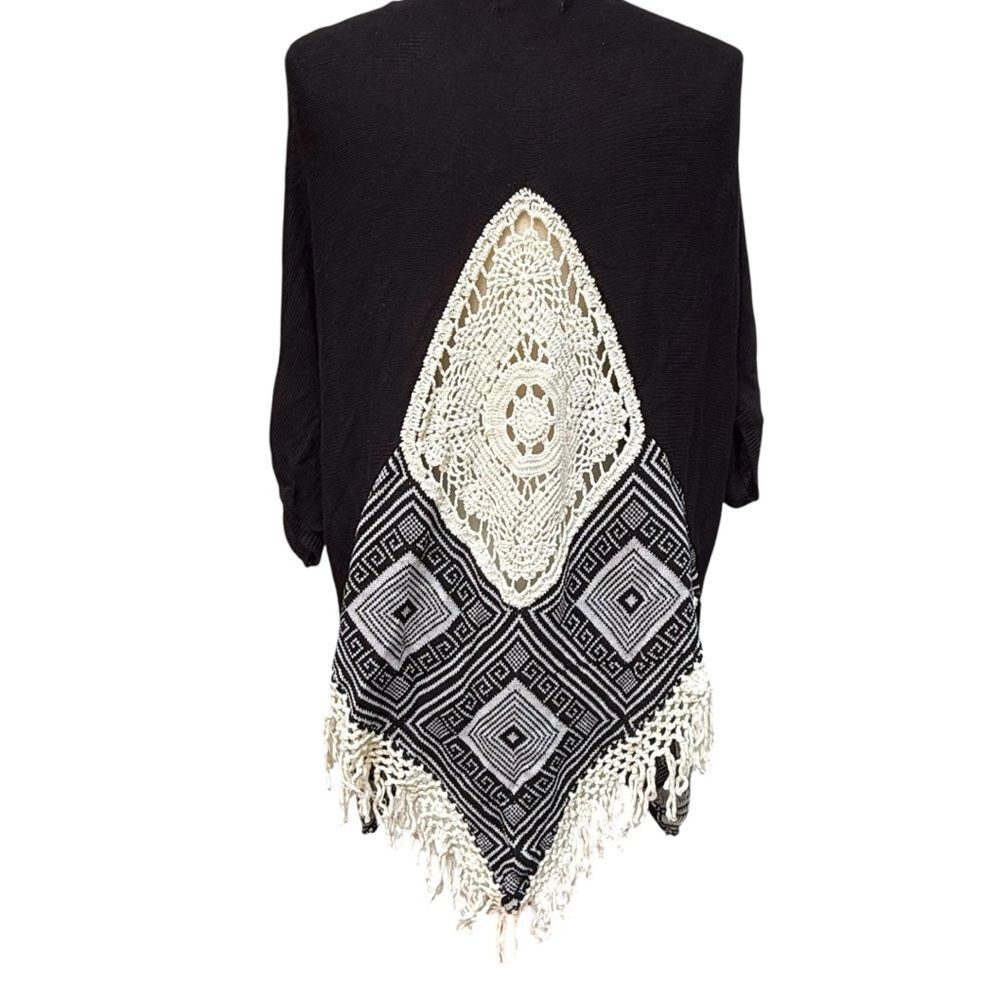 Umgee Dreamcatcher Crochet Open Front Cardigan Duster Black Small Medium